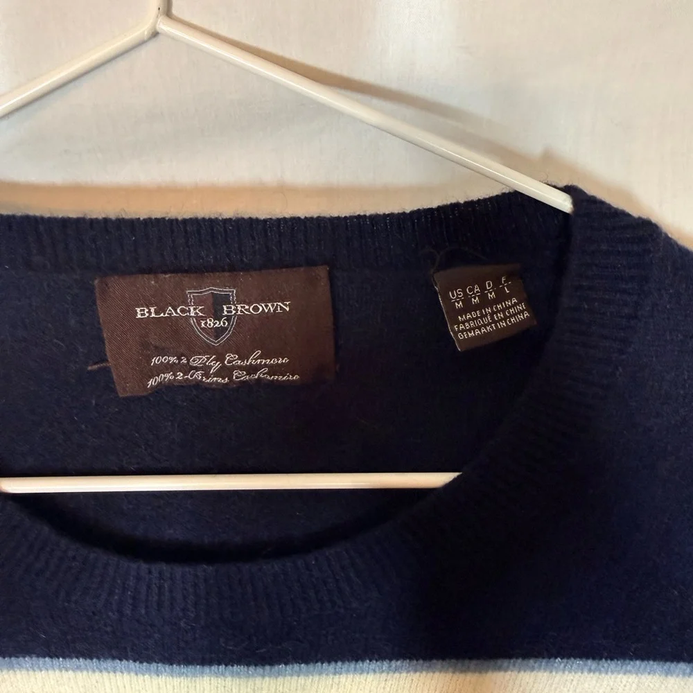 Black Brown 1826 100% CASHMERE Men's Navy and Cream Striped Sweater